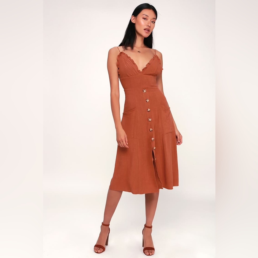 Lulu's Lisbeth Rust Orange Button-Front Midi Dress - image 1